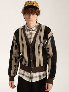 Limitiso Casual Khaki And Black Striped Men's Cardigan Short Knitwear Long Sleeve Button Front V-Neck Sweater - Khaki - View 1