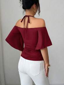 SHEIN Elenzya Camiseta Feminina de Alça Fina Cor Sólida, Top Ajustado com Manga Curta Ombros à Mostra Franzido Minimalista Elegante, Nova Primavera/Verão Uso Diário, Trabalho, Festival de Música, Jantar, Festa, Retrô Versátil - Vinho - Visão 2