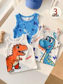 SHEIN Playful Pals Bộ 3 món áo vest cổ tròn họa tiết khủng long cho bé, thích hợp mặc mùa hè. - Nhiều màu - Xem 1