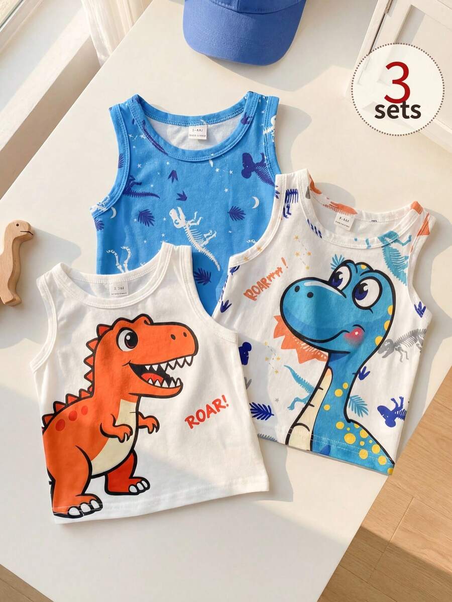 SHEIN Playful Pals Bộ 3 món áo vest cổ tròn họa tiết khủng long cho bé, thích hợp mặc mùa hè. - Nhiều màu - Xem 1