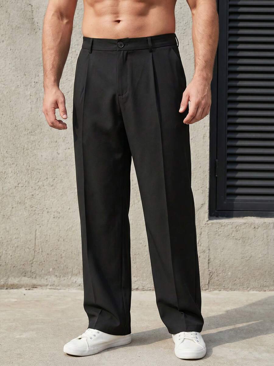 DRIVNCORE 男士大码休闲日常工作服褶裥斜插口袋纯色西装裤 - 黑色 - 查看 1