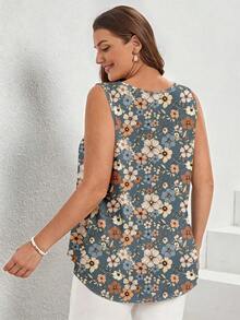 Comfylo Plus Size Casual Ditsy Floral V-Neck Pleated Sleeveless Top, Spring/Summer - Multicolor - View 3