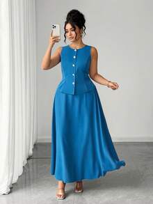 Elenzga Plus Size Women Elegant Peacock Blue Metal Button Sleeveless Vest & Skirt Set, Summer - Blue - View 7
