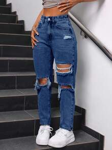 SHEIN Tall Celana Jeans Wanita Kasual Model Tapered dengan Efek Lusuh dan Cuci, Ukuran Wanita Tinggi - Medium Wash - View 5