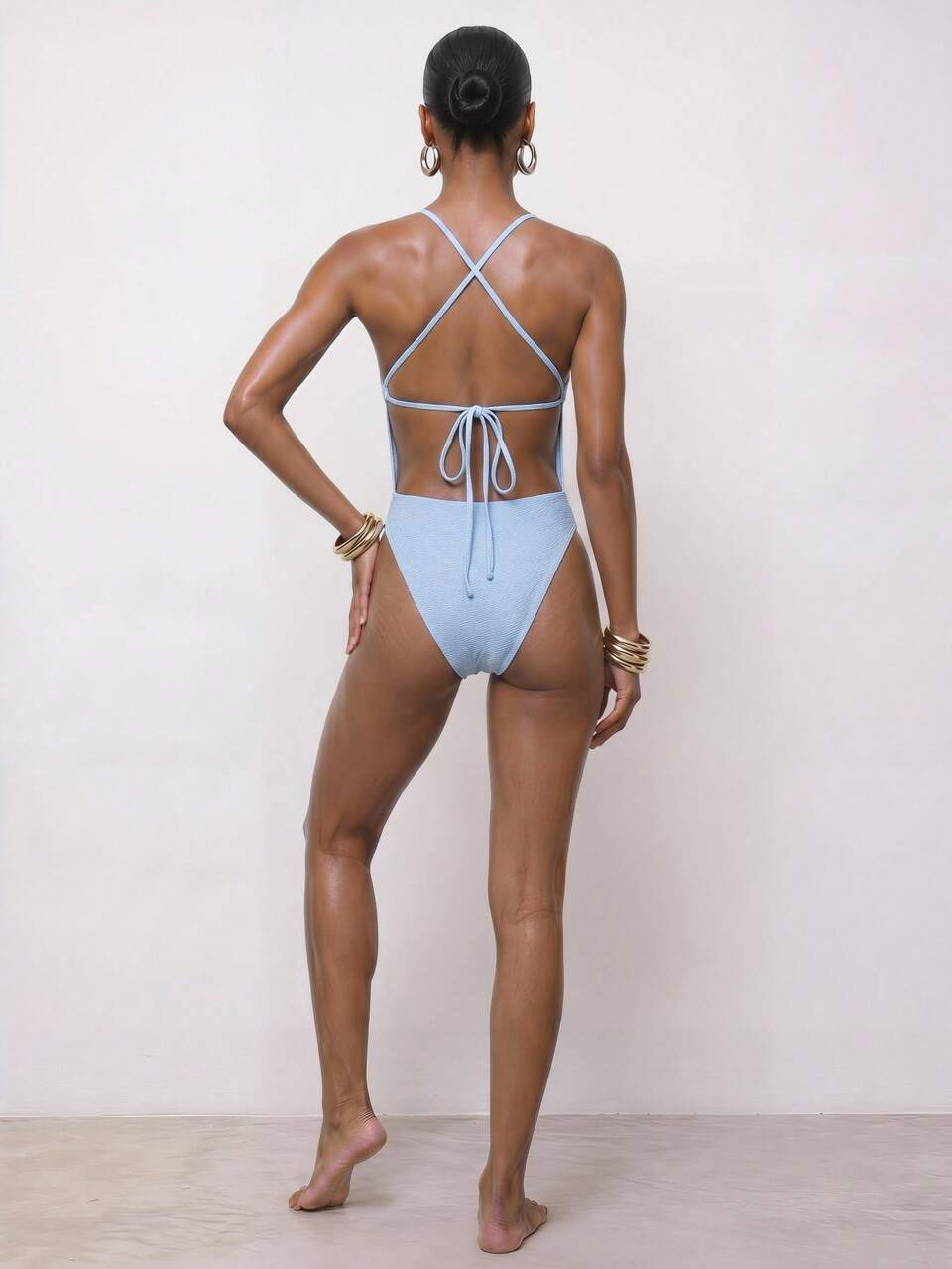 SHEIN Maija Women's Summer Beach Golf Vacation Solid Color Textured Fabric Criss-Cross Backless One-Piece Swimsuit White Sexy
