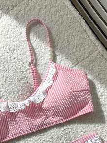 Swim Mod 女款甜美條紋蕾絲拼接珠飾背心上衣與三角比基尼泳褲2件式泳裝套裝，適合度假 - 粉色 - 查看 5