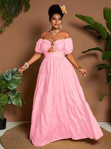 Maweii Plus Size Women's Vacation Solid Color Off-Shoulder Petal Sleeve Ruffle Hem Fashion Dress - Baby Pink - View 3