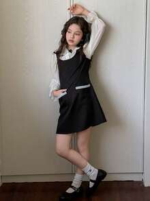 Dazy Kids Tween Girls' Loose Waist Peter Pan Collar Princess 2 In 1 Dress, Plus Size - Black - View 8
