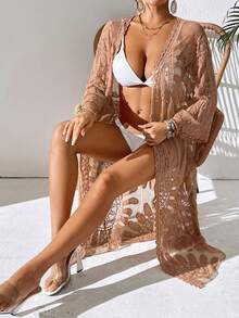 Swim Vcay Vacation Beach Embroidered Mesh Kimono Cover-Up - Khaki - View 1