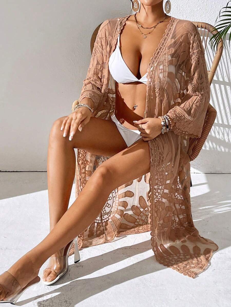 Swim Vcay Vacation Beach Embroidered Mesh Kimono Cover-Up - Khaki - View 1