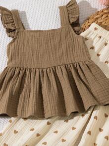 SHEIN Genkimix Kids 2件組女童素色上衣與愛心印花長褲套裝，春夏季外出與度假可愛穿搭 - 棕色 - 查看 7