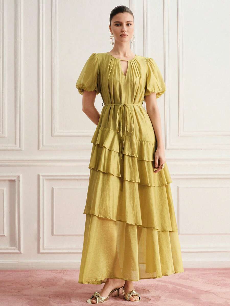 SHEIN Women's Solid Color Keyhole Neck Petal Sleeve Elegant Dress - Green - View 1