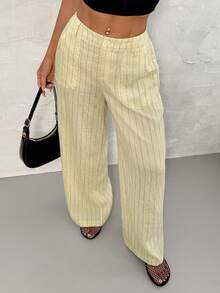 Vivamere 女款條紋口袋休閒百搭寬腿褲，適合日常穿著，小個女款 - 淡黃色 - 查看 7