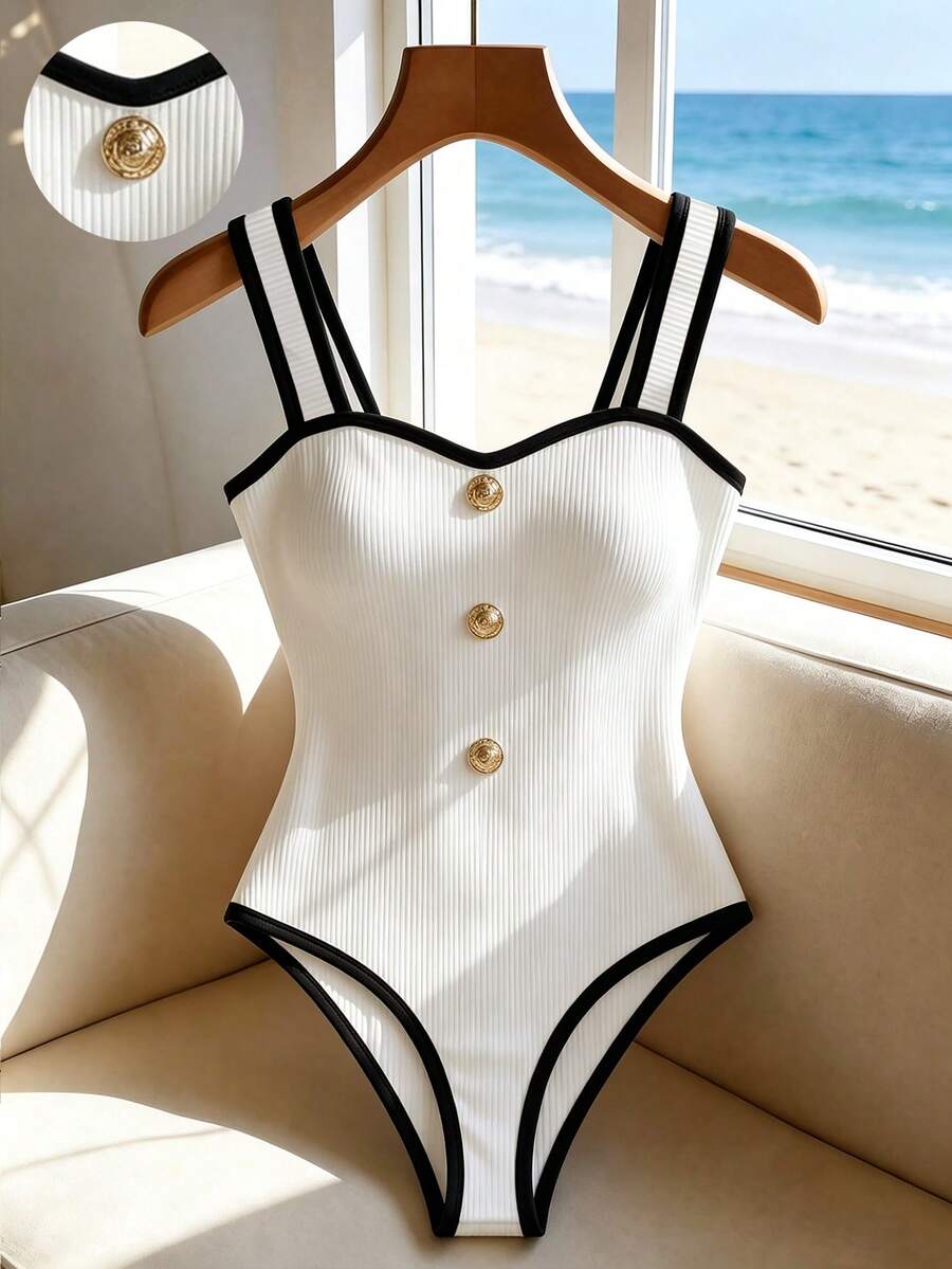 SHEIN Franclia Women's Casual Bodysuit With Trim Button Design - Black and White - View 1