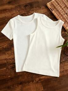 SHEIN Franclia 两件套白色叠穿背心，夏季新品系列：白色百搭通勤背心 - 适合约会、通勤、度假，优雅女士上衣。背心款式，圆领T恤，夏季上衣T恤背心，女士背心，优雅背心，优雅女士上衣T恤 - 白色 - 查看 2