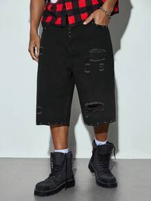 Modcrash Men's Casual Fashion Studded Denim Shorts - Black - View 5