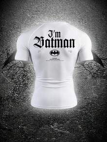 BATMAN X SHEIN 男款蝙蝠印花修身短袖運動T恤，健身、度假 - 白色 - 查看 2