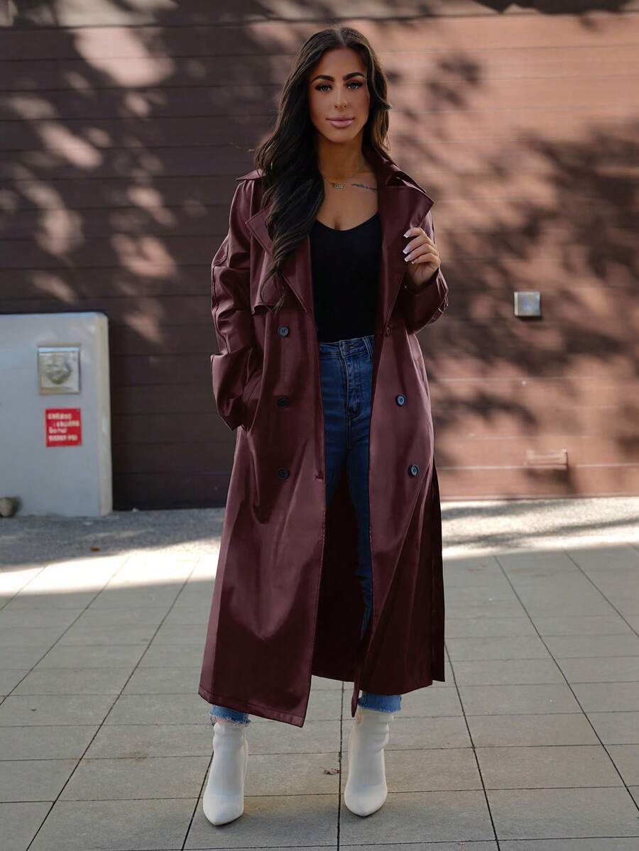 SAYEHFBABY Women's Solid Color PU Leather Lapel Collar Double-Breasted Long Elegant Jacket, Autumn Winter - Burgundy - View 1