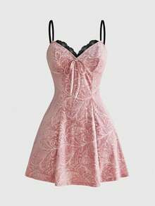 ROMWE Goth Plus Size Colorblock Lace Patchwork Spaghetti Strap Summer Tie-Waist Elegant Allover Print Dress - Pink - View 1
