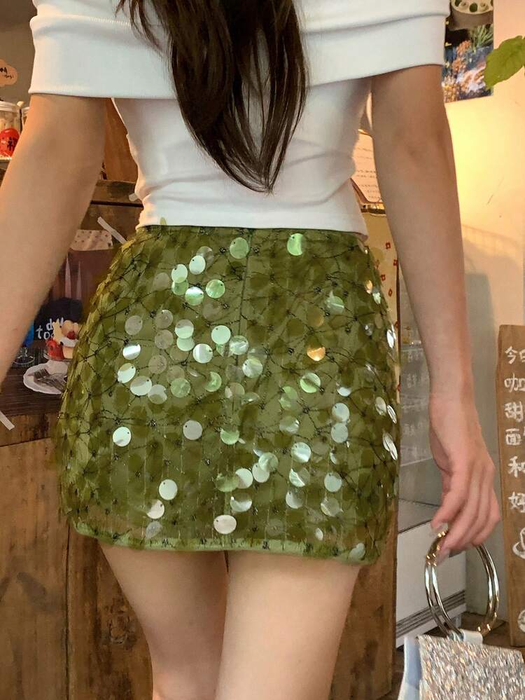 Sequin Low-Waist Straight Hem Super Skirt, Sexy Vacation Summer Skorts For Women