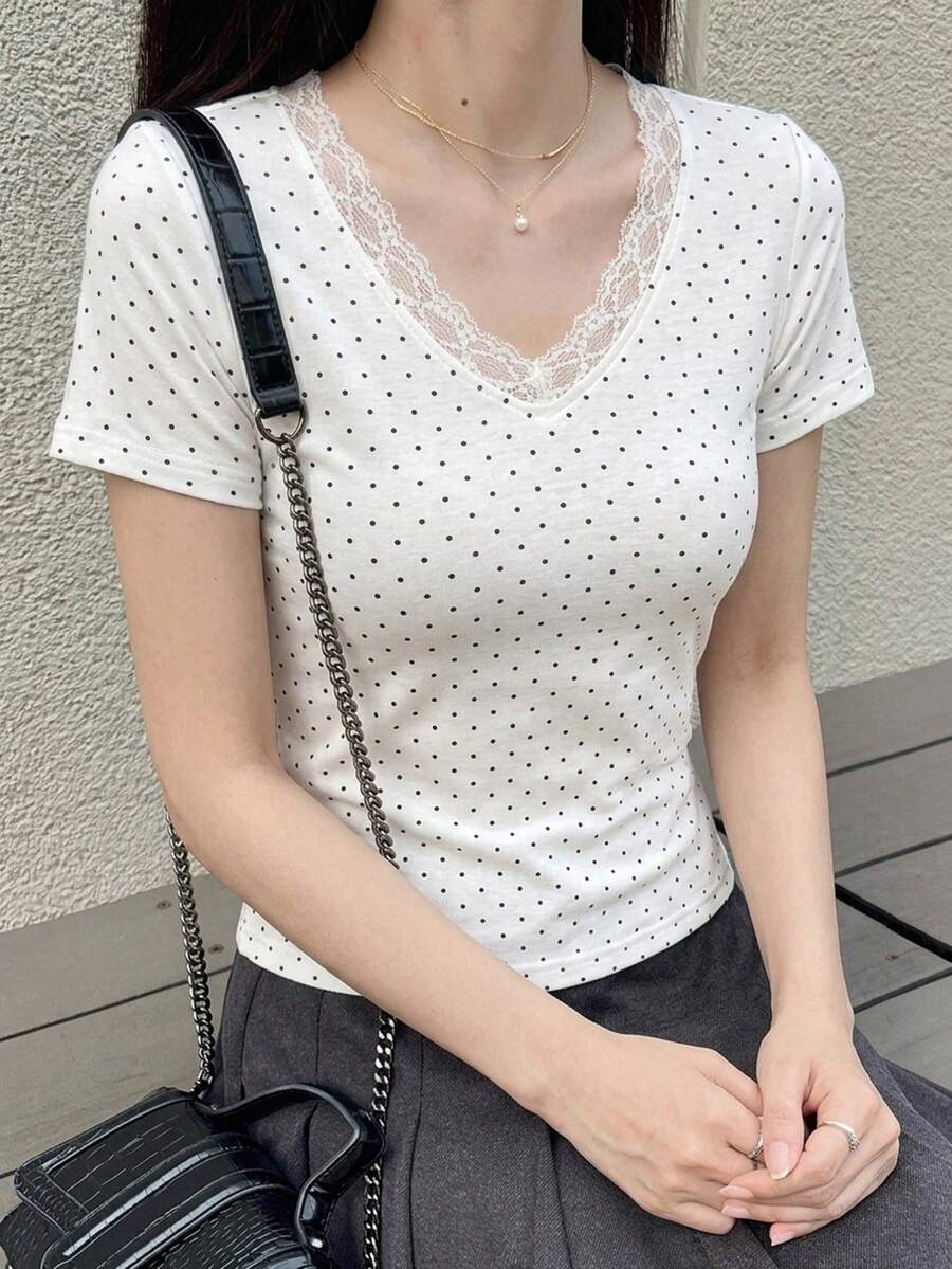 Dazy Tall 高個女款休閒波點與蕾絲拼接長袖T恤 - 黑與白 - 查看 1