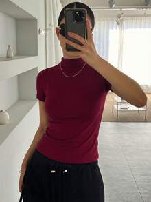 DAZY Kaos Dalam Wanita Lengan Pendek Slim Fit Leher Tinggi - Burgundy - View 5