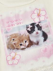ROMWE Kawaii Women's Cute Kitty Print Lace Patchwork U-Neck T-Shirt - Apricot - View 3