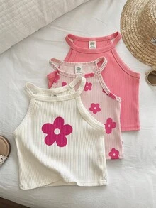 SHEIN 3件套女童针织纯色爱心花朵条纹休闲背心套装 - 彩色 - 查看 4