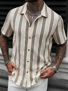 Manfinity CasualCool Áo sơ mi cổ polo sọc thường ngày dành cho nam - Màu Khaki - Xem 6