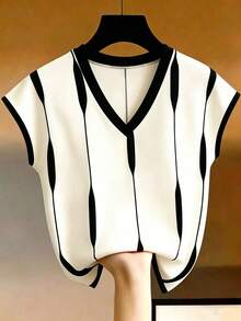 SHEIN Franclia 女款V領撞色拼接印花休閒背心上衣，適合通勤與度假穿著 - 黑與白 - 查看 3