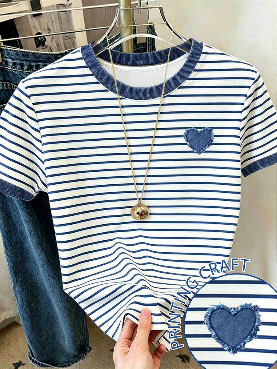 Resyla Women's Colorblock Striped Heart Print Crew Neck T-Shirt Travel Blue White Striped Summer Casual French - White - View 1