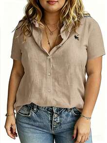 Linhara CURVE Large-Sized Woven Embroidered Casual Summer Shirt For Vacation - Apricot - View 3