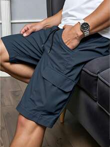 Manfinity Dauomo Pantalones cortos casuales y versátiles para hombres con cintura con cordón y bolsillos - Gris azul - Ver 8