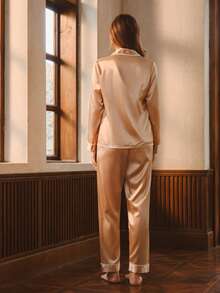 Bisouelle 女士翻领衬衫和裤子睡衣套装（2件套），秋冬服装 - 香檳色 - 查看 2
