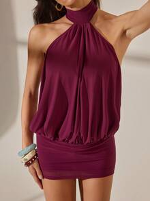 SHEIN Tall 2026 Women's Spring/Summer Resort Collection: New Arrival-Deep Purple Off-The-Shoulder Mini Dress, Tall Women Party Vacation Night Out Sexy - Red Violet - View 8