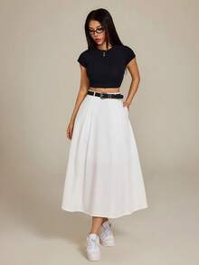 Vivamere Casual Classy Elegant Chic Versatile Solid Color Pleated Skirt Day Office White Autumn,Chic,White, Skirt,Homecoming, Graduation, Work Office Commute - White - View 6