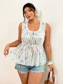 Lounesse Plus Size Women Ditsy Floral Tie Front Vacation Camisole Casual Elegant Medieval Summer Daily Going Out Date Night Vest Homewear Tank Top - Multicolor - View 6