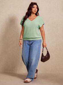 Elaquor Plus Size Women V-Neck Solid Color Casual Versatile Daily T-Shirt - Green - View 6
