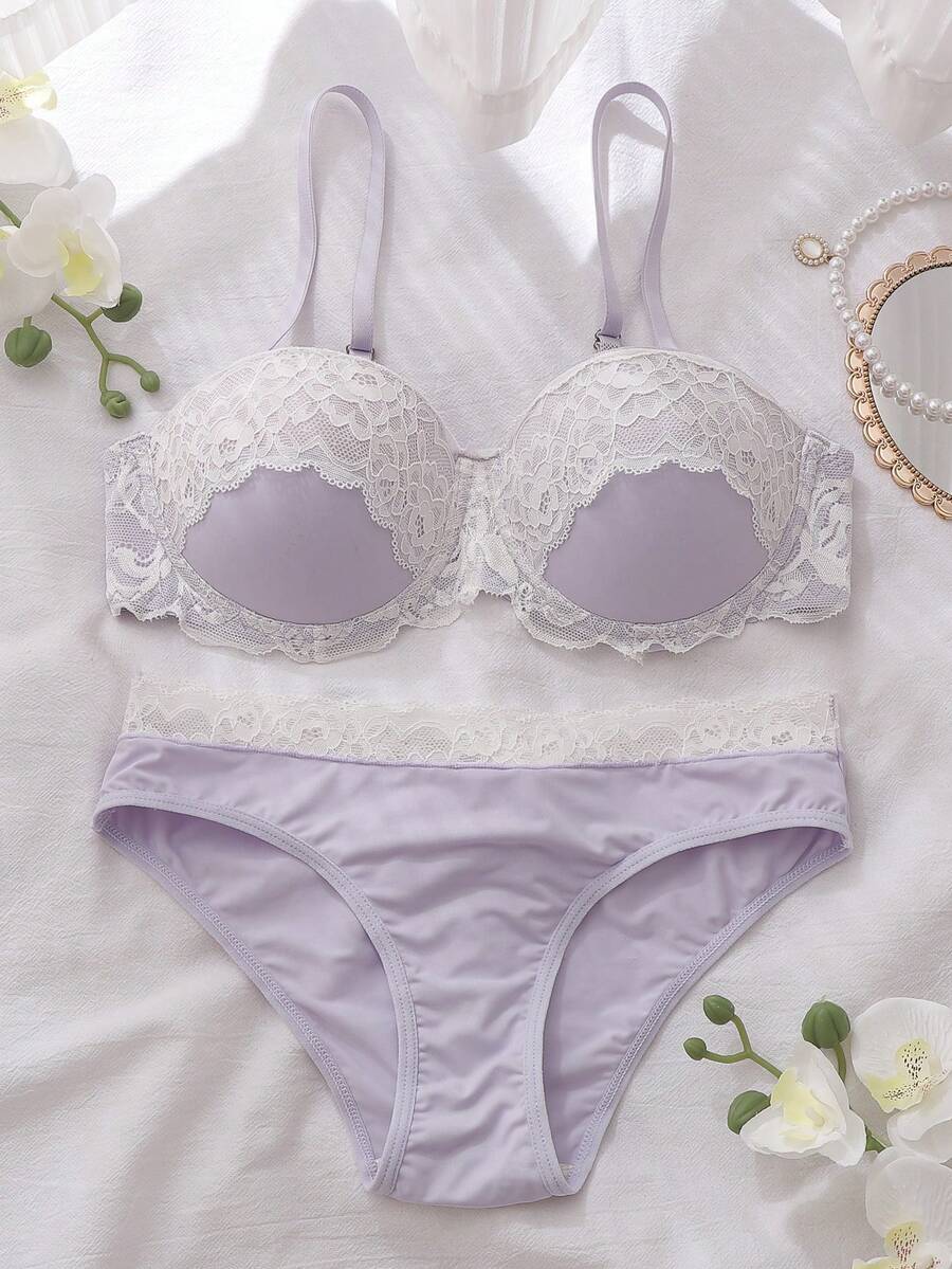 FairyFlirt Women Lace Patchwork Spaghetti Strap Bra And Panty Set, Casual Daily Underwear - Mauve Purple - View 1