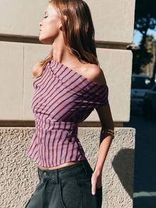 Nöista Diagonal Lilac Stripe One-Shoulder Top. Summer, Fall, Going Out, Resort, Party Style. - Multicolor - View 4