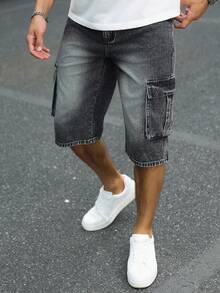 Manfinity Homme Pantalones cortos de mezclilla con bolsillos y botones, pierna ancha, hasta la rodilla, para hombres, vacaciones - Gris - Ver 6
