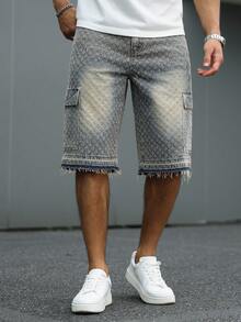 Manfinity Roughcore Men's Summer Casual Washed Frayed Hem Denim Shorts, Holiday - Light Wash - View 5