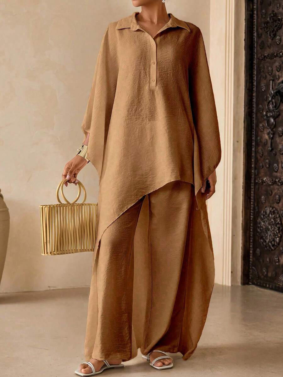 Vesra Women's Solid Color Long Top And Wide Leg Pants Casual Two Pieces Set - Khaki - View 1