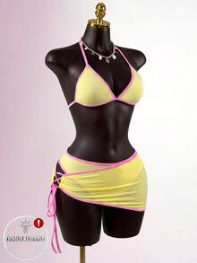 SaltGleam SaltGleam 2pcs/Set Sexy Contrast Color Spaghetti Strap Tie Side Asymmetrical Hem Skirt Set - Yellow - View 4