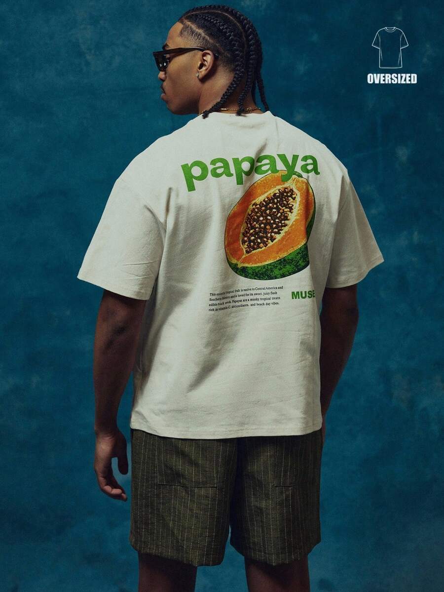 Musero Oversized Short Sleeve Dropped Shoulder "PAPAYA" Large Back Graphic Print Tshirt Spring Summer Essentials Holiday - Apricot - View 1