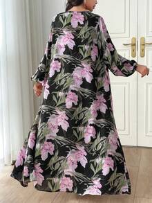 Al Najma 2件組女款春夏花卉印花燈籠袖開襟衫與純色圓領洋裝優雅套裝 - 黑色 - 查看 3