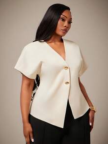 SHEIN SXY Plus Size Women V-Neck Single-Breasted Casual Versatile Daily Wear Short Sleeve Shirt - Apricot - View 6