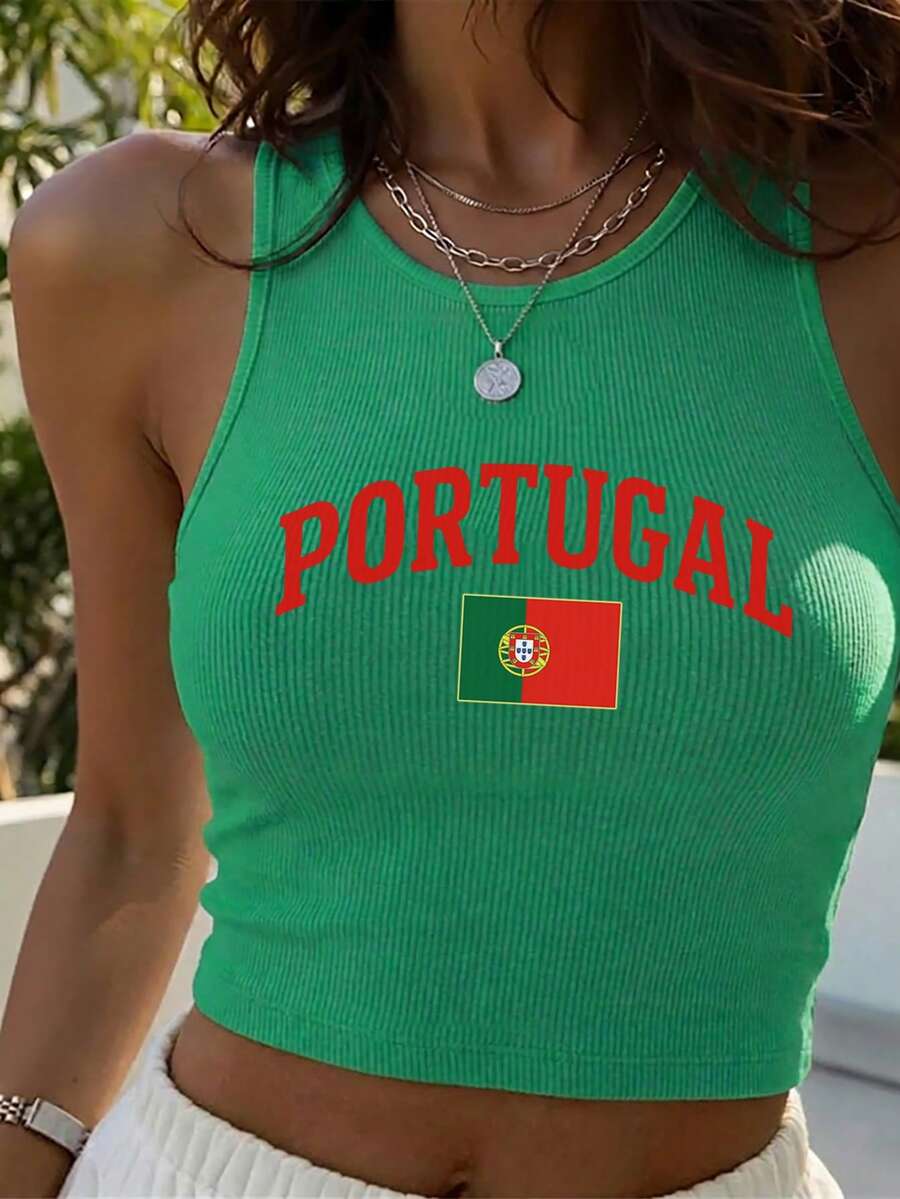 SHEIN Unity 女款 Y2K 葡萄牙國旗「PORTUGAL」世界盃印花綠色背心上衣 - 綠色 - 查看 1