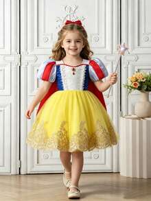 Young Girls Fashion Cute Yellow Mesh Lace Embroidered Beaded Ruffle Puff Sleeve Back Detachable Cape Princess Mini Dress, Comfortable Summer Clothing - Multicolor - View 3