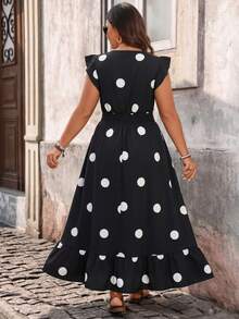 Breezaya Vestido casual de vacaciones de uso diario con volantes y estampado floral pequeño para tallas grandes - Negro - Ver 2